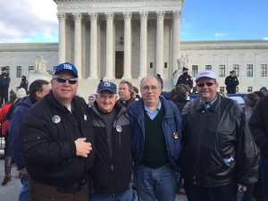 L-R, Brother Knights, Dan Flaherty, Remo Canova, Walt Lublanecki and Bob Farrington stand in front of the United States Supreme Court.  Security was enhanced. A very small group of protesters was nearby but not in camera view. 